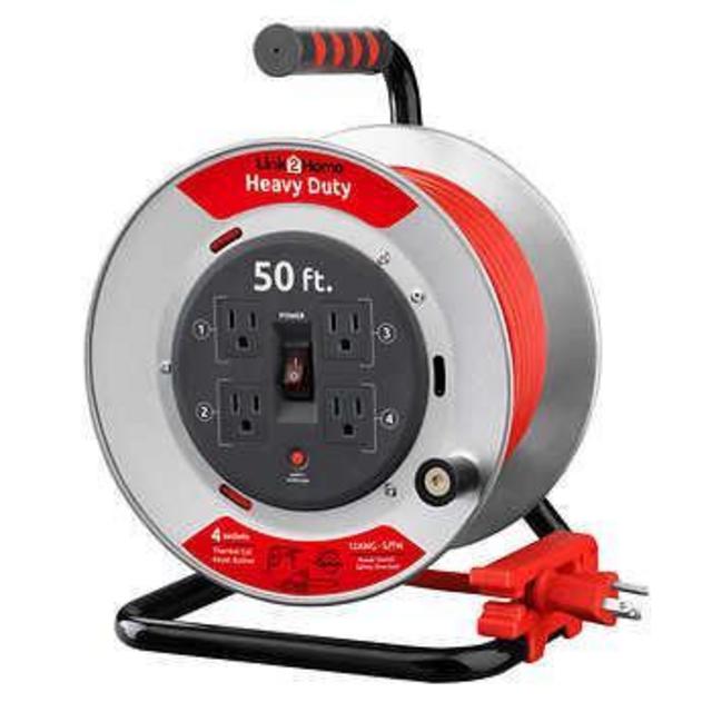 Link2Home Heavy Duty Professional Grade Metal Cord Reel – High Visibility 50 ft. 12 AWG SJTW Extension Cord with 4 Power Outlets