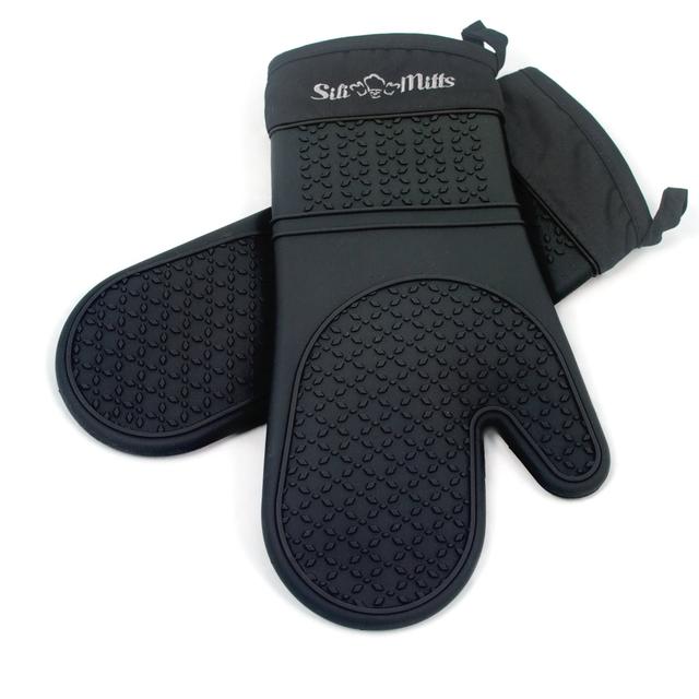 Black Silicone Oven Mitts - 1 Pair of Extra Long Professional Heat Resistant Potholder Gloves - Oven Mitt Set of 2
