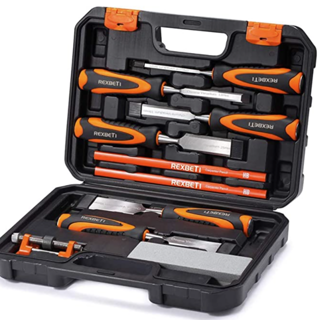 REXBETI 10pcs Premium Wood Chisel Set, 6pcs Wood Chisel with 1 Honing Guide, 1 Sharpening Stone and 2 Carpenter Pencils, Heat-Treated Cr-V Alloy Blades