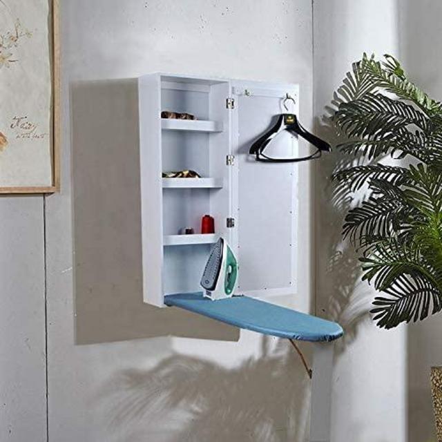 Organizedlife White Wall Mount Ironing Board Center Cabinet with Mirror and Storage Shelves