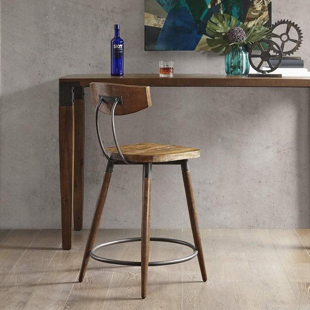 INK+IVY Frazier Counter Height Barstool With Back Modern Industrial Acacia Wood, Metal Accent, Pub Stool, 24 Inch, Brown