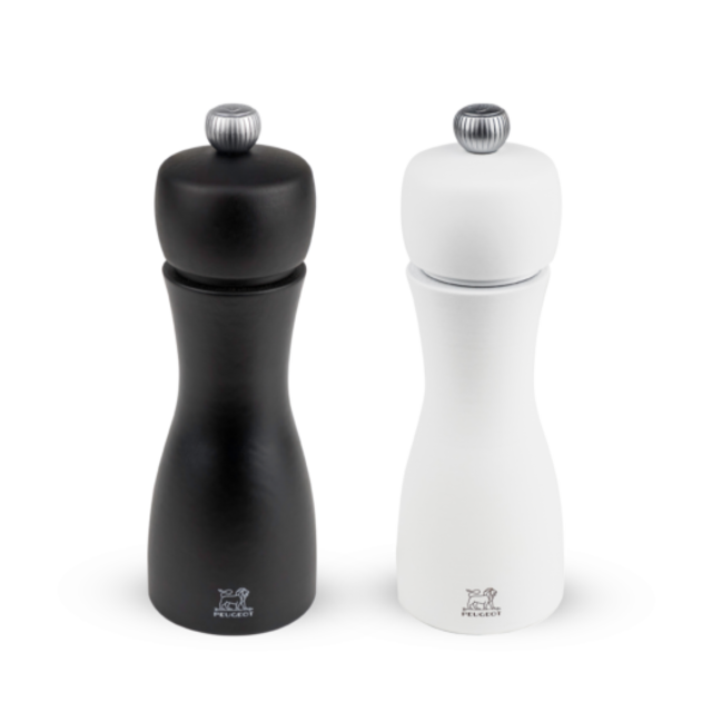 Tahiti Manual salt and pepper mill duo, beech wood, black and white, 15 cm