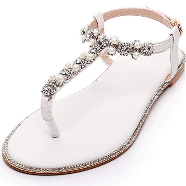 LUXVEER Beach Wedding Shoes, Women Bead Pearls Beach Flat Bride Wedding Dress Sandals for Party
