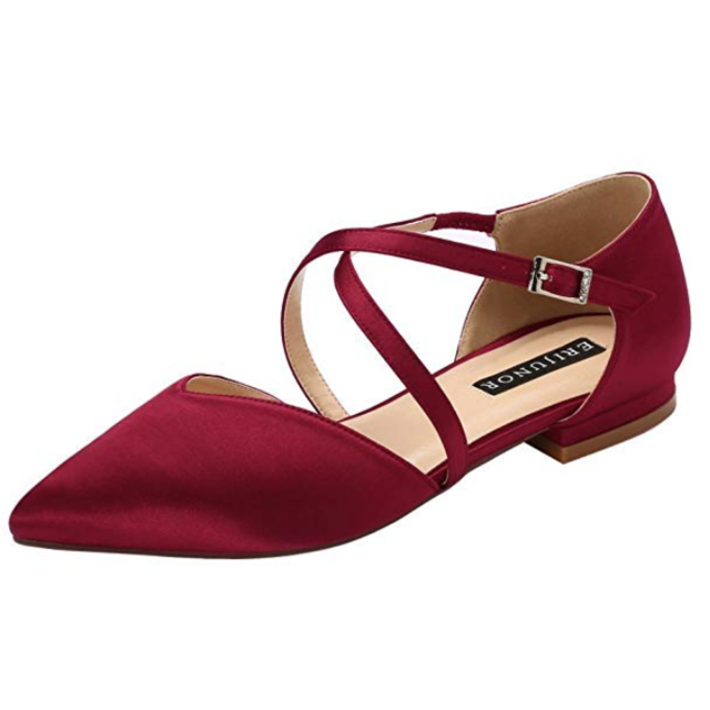 ERIJUNOR Pointy Toe Flats D-Orsay Low Heel Pumps Satin Wedding Evening Prom Dress Shoes