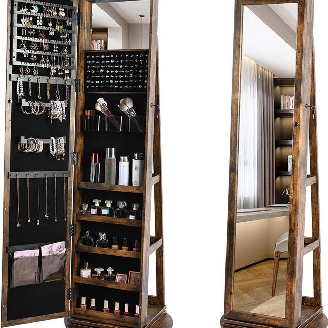 LVSOMT 360° Swivel Jewelry Cabinet with Full-Length Mirror, Lockable Jewelry Organizer, Freestanding Mirror Jewelry Armoire, Mirror with Jewelry Storage, Rear Storage Shelves(A-Retro Brown)