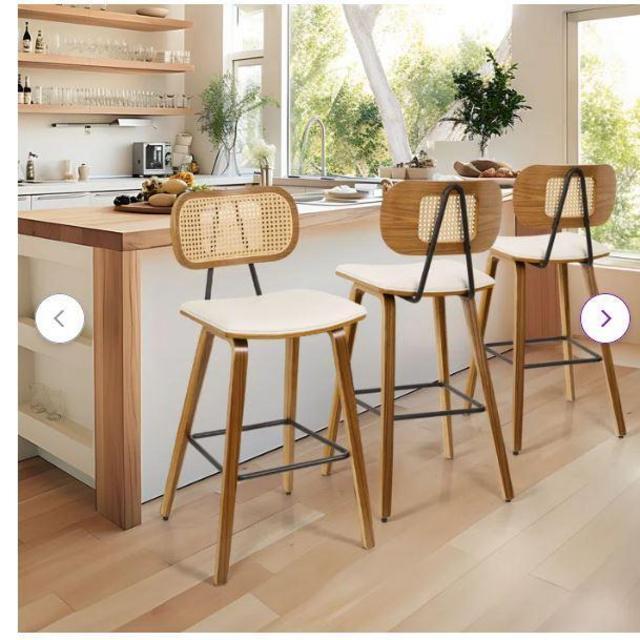Upholstered Rattan Counter Bar Stool (Set of 3)