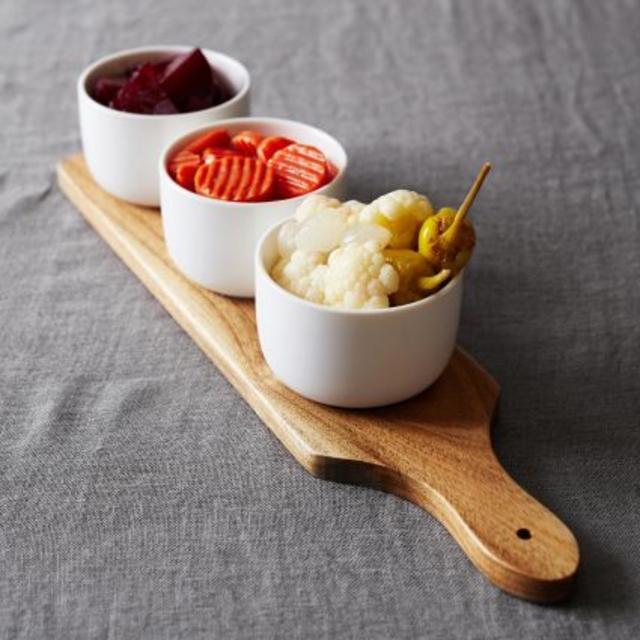 Porcelain Dip Bowls with Acacia Wood Tray, 4-Piece Set