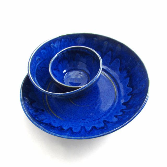 Handmade Stoneware Chip and Dip in Vivid Ocean Blues