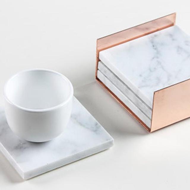 4 Square Carrara Marble Coasters, Copper Nest