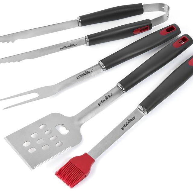 Grillaholics BBQ Grill Tools Set - 4-Piece - Lifetime Guarantee - Heavy Duty Stainless-Steel Utensils - Premium Grilling Accessories for Barbecue - Spatula, Tongs, Fork, and Basting Brush