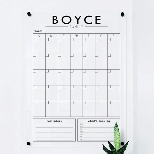 Clear Acrylic Family Calendar with Personalized Family Name and Bottom Sections