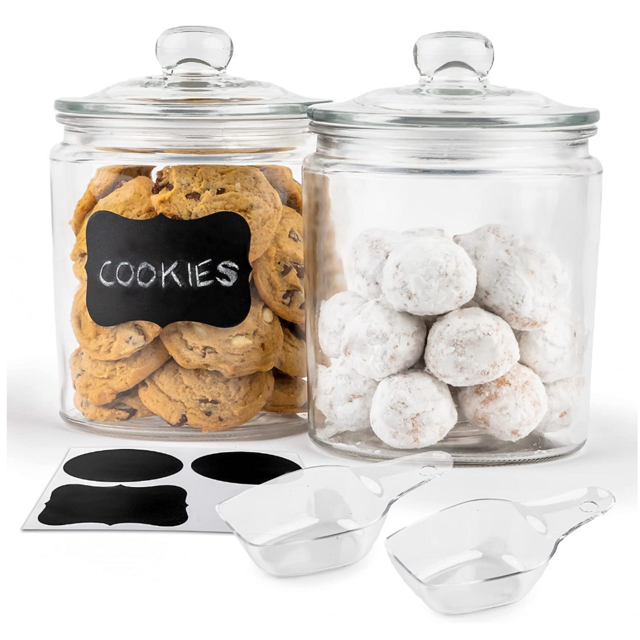 KooK Glass Kitchen Jars, Food & Cookie Storage Containers for Pantry, Bathroom Apothecary Canisters, Dishwasher Safe, with Chalk and Labels, 1/2 Gallon, Set of 2