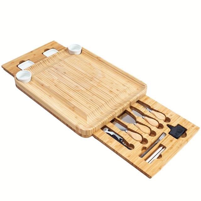 Prep & Savour Bamboo Cheese Board With Drawers, Cutlery Set, Bowls And Accessories
