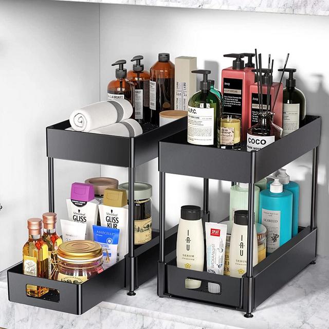 Under Sink Organizers and Storage, 2 Pack Stackable Under Sink Cabinet Organizer with Sliding Storage Drawer with Hooks, 2 Tier Large Capacity Kitchen Bathroom Organization and Storage, Black