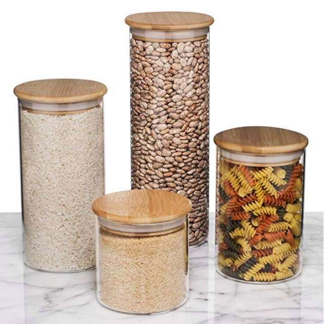 Set of 4 Airtight Glass Storage Jars with Bamboo Lids | 3.75" in Diameter | Jar Heights: 3.25", 5.25", 7.25", and 10"