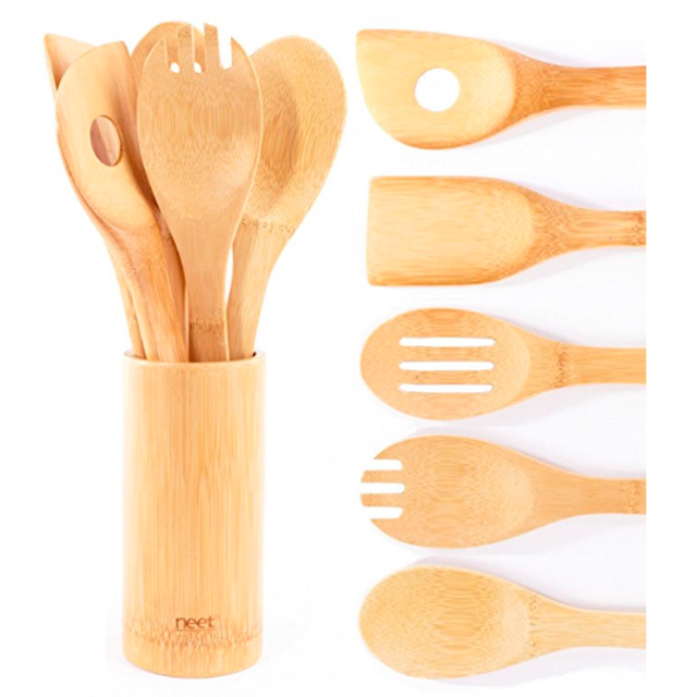 Organic Bamboo Cooking & Serving Utensil Set By Neet - 6 Piece Set | Spoon & Spatula Mix | Utensil Holder