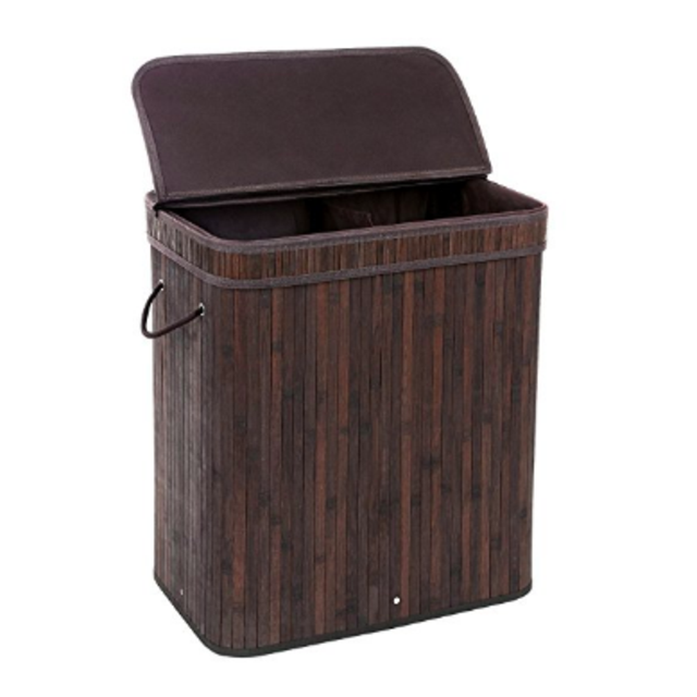 SONGMICS Divided Bamboo Laundry Basket Double Hamper with Lid Handles and Removable Liner Two-section Dirty Clothes Storage Sorter Rectangular Dark Brown ULCB64B