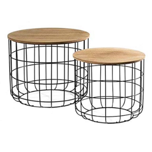 Set of 2 Side Tables with Storage, Black Metal Basket and Removable Wooden Top