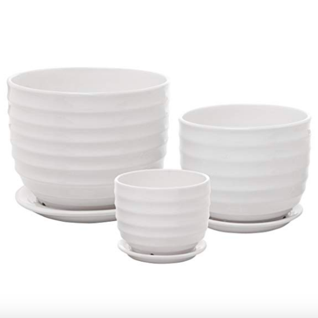 Set of 3 Small to Medium Sized Round Modern Ceramic Garden Flower Pots, White