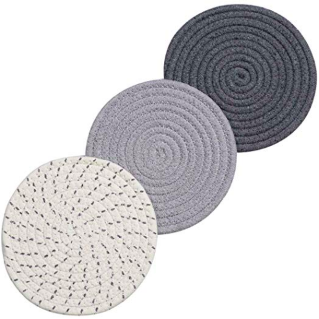 Lifaith 100% Cotton Thread Weave Pot Holders, Diameter 7 Inches, Round, Set of 3, Grey Set
