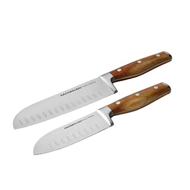 Rachael Ray Cucina Cutlery 2-Piece Japanese Stainless Steel Santoku Knife Set with Acacia Handles