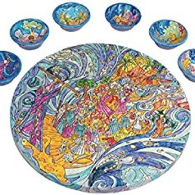 The Exodus From Egypt Seder Plate and Six Small Bowls By Yair Emanuel