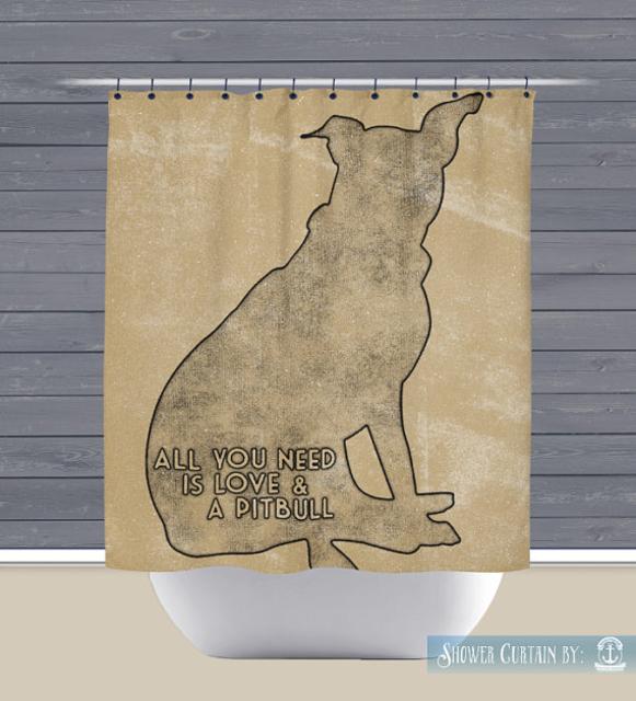 Pitbull Shower Curtain: Love and a Pitbull | Made in the USA | 12 Hole Fabric Bathroom Decor