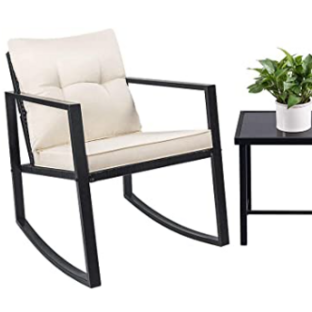 Devoko 3 Piece Rocking Bistro Set Wicker Patio Outdoor Furniture Porch Chairs Conversation Sets with Glass Coffee Table (Beige)