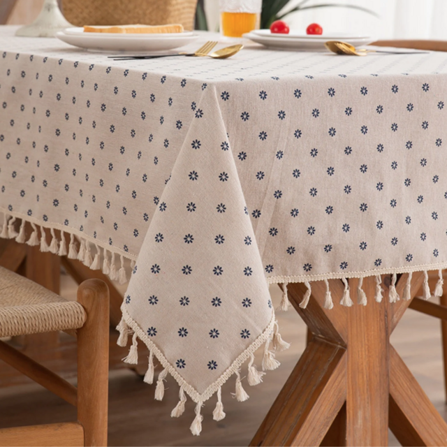Blue Linen Floral Pattern Tablecloth with Tassels (55" x 86" in.)