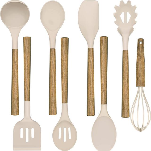 Silicone Cooking Utensil Set,Umite Chef 8-Piece Kitchen Utensils Set with Natural Acacia Wooden Handles, Silicone Heads-Silicone Kitchen Gadgets and Spatula Set for Nonstick Cookware - Khaki