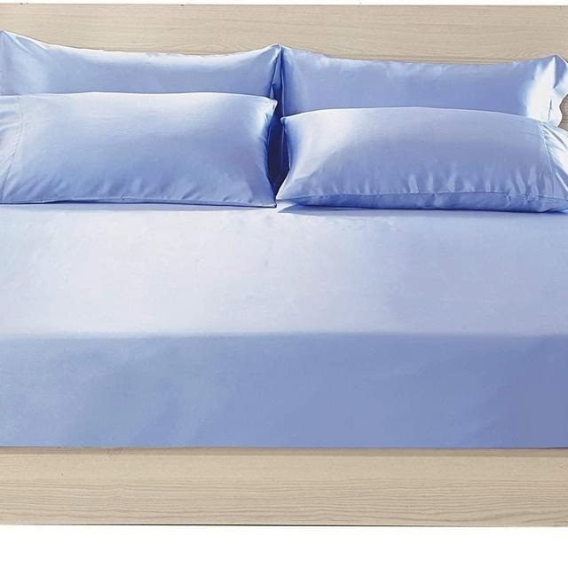 LilySilk 3 Piece Queen 100 Silk Fitted Sheets Set Light Blue, 2 Terse Pillowcases, 16" Deep Pockets, Luxury Soft Premium 19 Momme Mulberry Silk