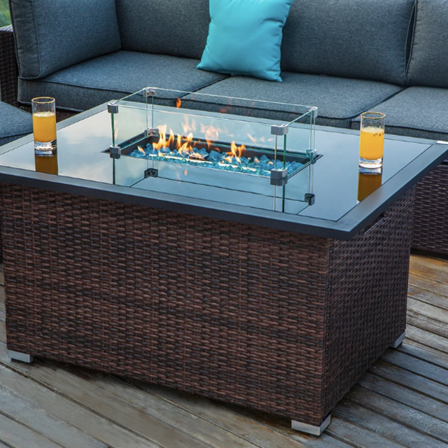 COSIEST Outdoor Rectangle Espresso Brown Wicker Fire Pit with Wind Guard