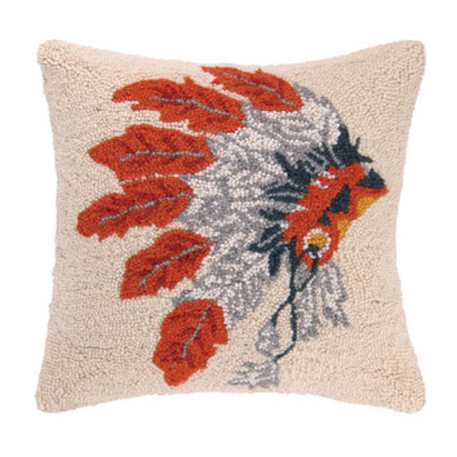 Native American Headdress Hook Wool Throw Pillow                        by                    Peking Handicraft