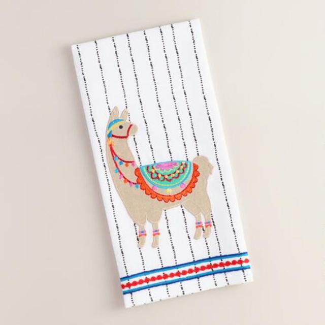 Embroidered Striped Llama Kitchen Towel