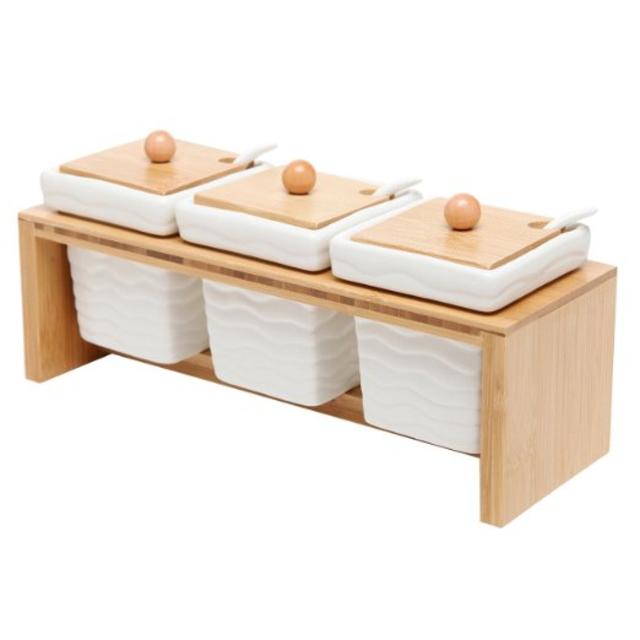 Set of 3 White Ceramic Condiment Pots / Spice Serving Jars with Serving Spoons & Bamboo Stand - MyGift®
