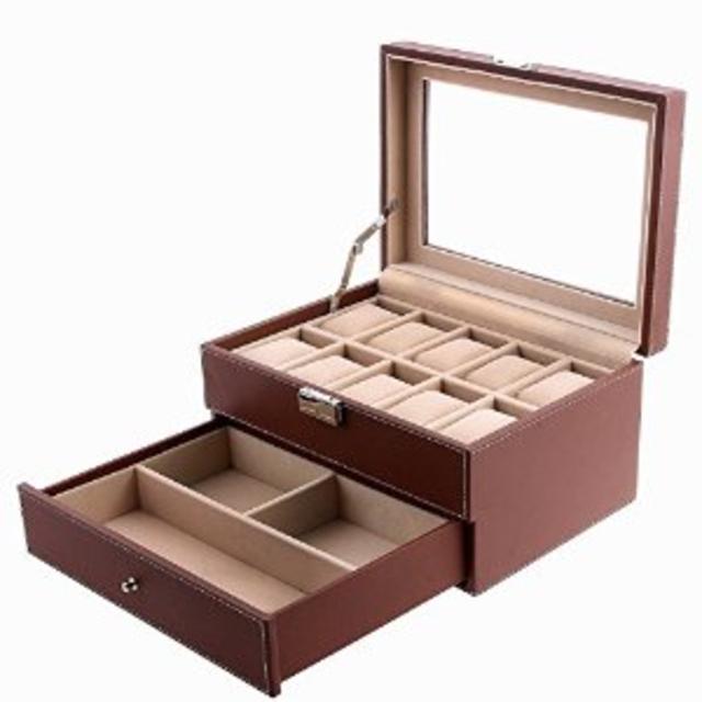 Brown Leather Watch Box with Jewelry Display Drawer