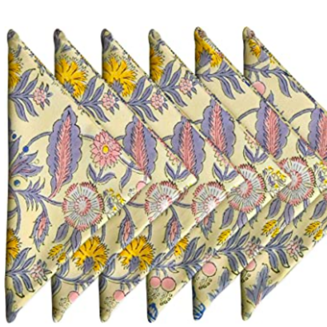 Craftbot Cotton Print Dinner Napkins 18x18 inches - Washable Cloth Napkins Set of 6 - Everyday Use or Dinner Party and Events - Light Yellow Indian Block Printed Fabric