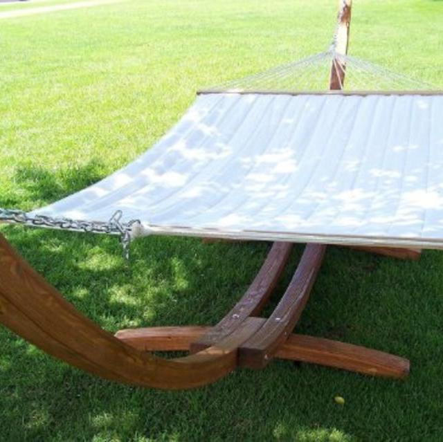Petras Wooden Arc Hammock Stand + Quilted Beige Color Double Hammock Bed, Double Padded. Teak Finish. 2 Person Bed.