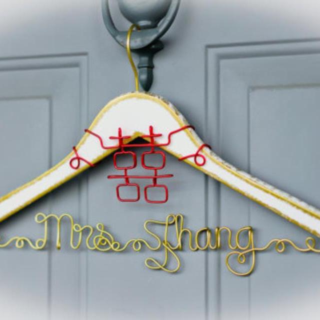DOUBLE HAPPINESS Inspired Wedding Dress Hanger - 囍 - White Gold Red Wire Name Hanger - Chinese Tradition - Original Design Hanger - Love
