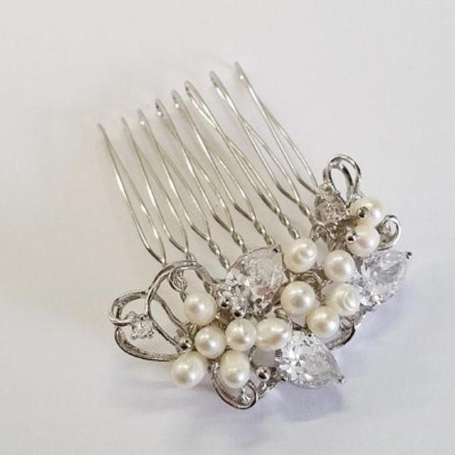 Sterling Silver CZ Crystal Freshwater Pearl Bridal Comb Hair Brooch Wedding Hair Accessory