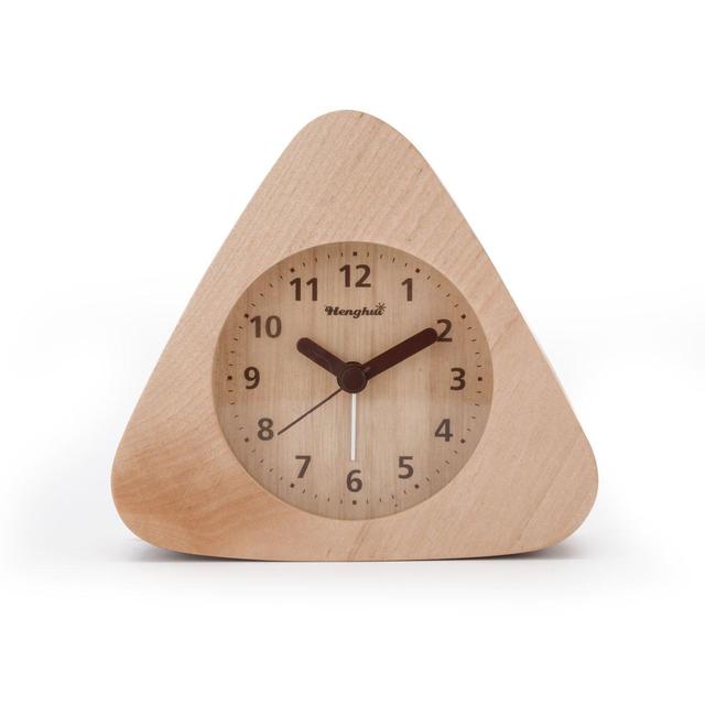 Henghui Solid Wood Non Ticking Analog Quartz Alarm Clock with Nightlight, Snooze and Ascending Sound Alarm (Natural Wood, Triangle)