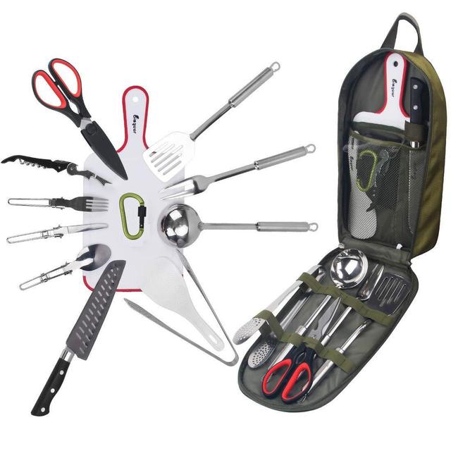 Bisgear 14pcs Backpacking Camping Cookware Kitchen Utensil BBQ Organizer Travel Mess Kit with Water Resistant Case, Cutting Board, Rice Paddle, Tongs, Scissors, Knife, Spork