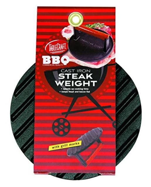 TableCraft BBQ3015 BBQ Coated Cast Iron 7-Inch Round Steak Weight with Wood Handle, Small, Black