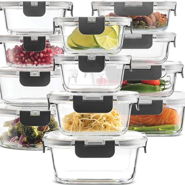 24-Piece Superior Glass Food Storage Containers Set - Newly Innovated Hinged BPA-free Locking lids - 100% Leak Proof Glass Meal Prep Containers, Great on-the-go & Freezer to Oven Safe Food Containers