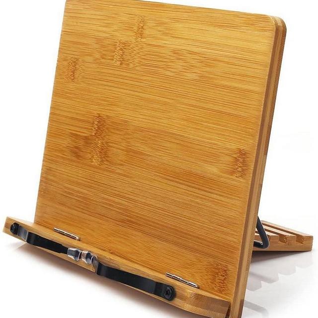 Bamboo Book Stand,wishacc Adjustable Book Holder Tray and Page Paper Clips-Cookbook Reading Desk Portable Sturdy Lightweight Bookstand-Textbooks Bookstands-Music Books Tablet Cook Recipe Stands