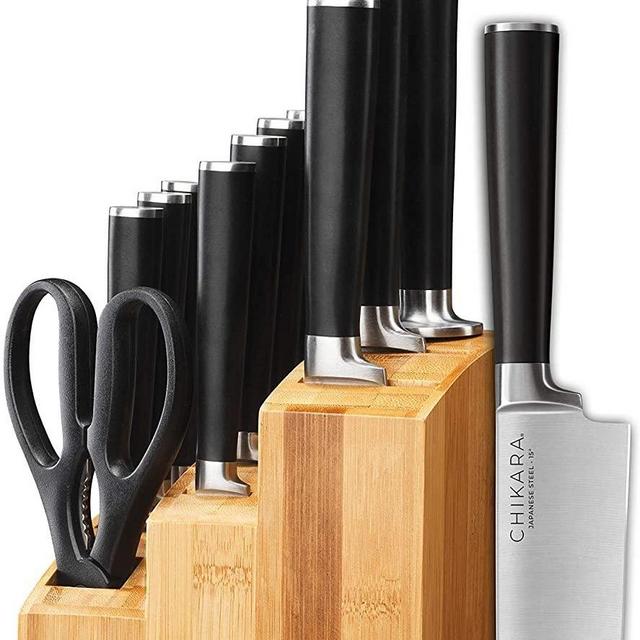 Ginsu Gourmet Chikara Series Forged 12-Piece Japanese Steel Knife Set – Cutlery Set with 420J Stainless Steel Kitchen Knives – Bamboo Finish Block, 07112DS