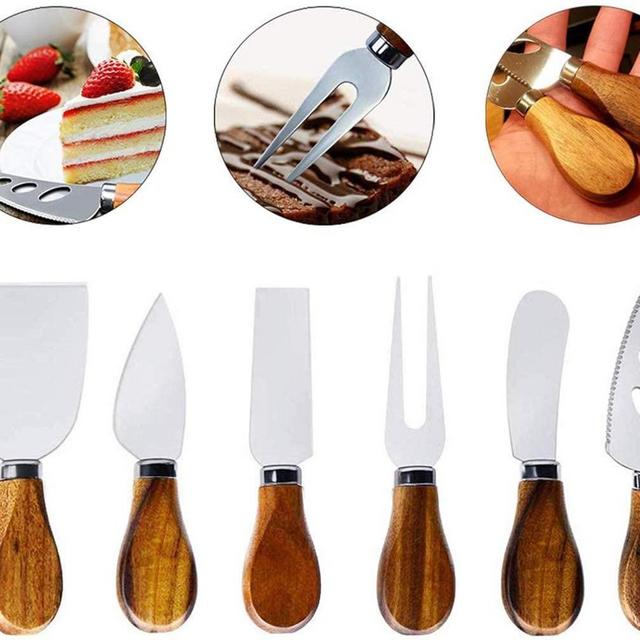 LGUIY Cheese Knife Set 6 Pieces Wooden Handle Stainless Steel Cheese Slicer Cheese Cutter Fork Shaver Spreader for Soft Hard Cheeses Charcuterie Pizza Cake Cutlery Cheese Knives Gift Sets