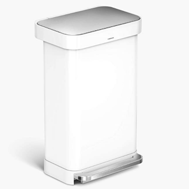 simplehuman 45 Liter Rectangular Hands-Free Kitchen Step Soft-Close Lid Trash can, White Stainless Steel