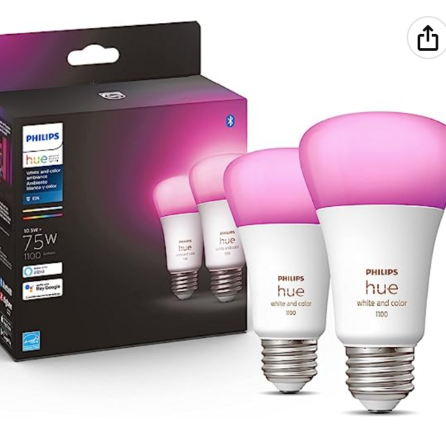 Philips Hue White and Color Ambiance A19 Medium Lumen Smart Bulb, 1100 Lumens, Bluetooth & Zigbee Compatible (Hue Hub Optional), Works with Alexa & Google Assistant, 2 Bulbs