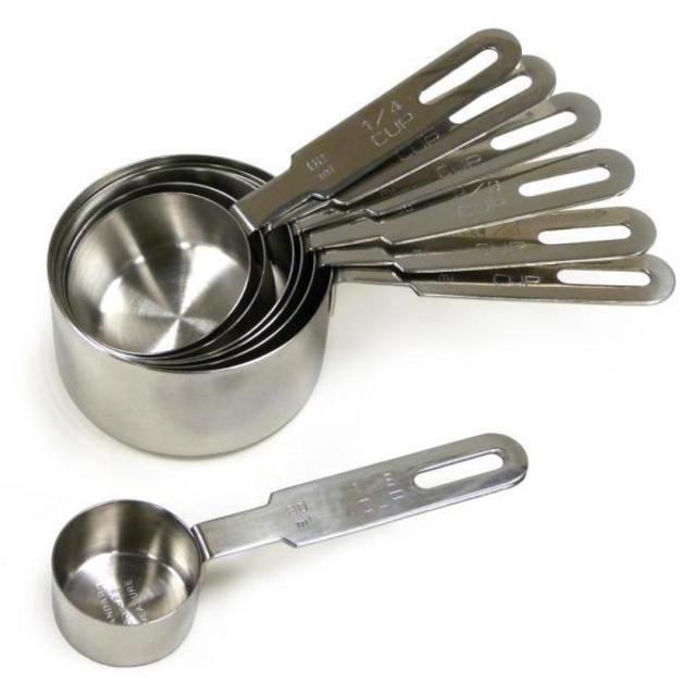RSVP International Endurance Stainless Steel Measuring Cups, Set of 7 | 1/8 Cup to 1 Cup Measurements | Nest for Easy Storage | Dishwasher Safe | Dry or Liquid | Baking or Cooking